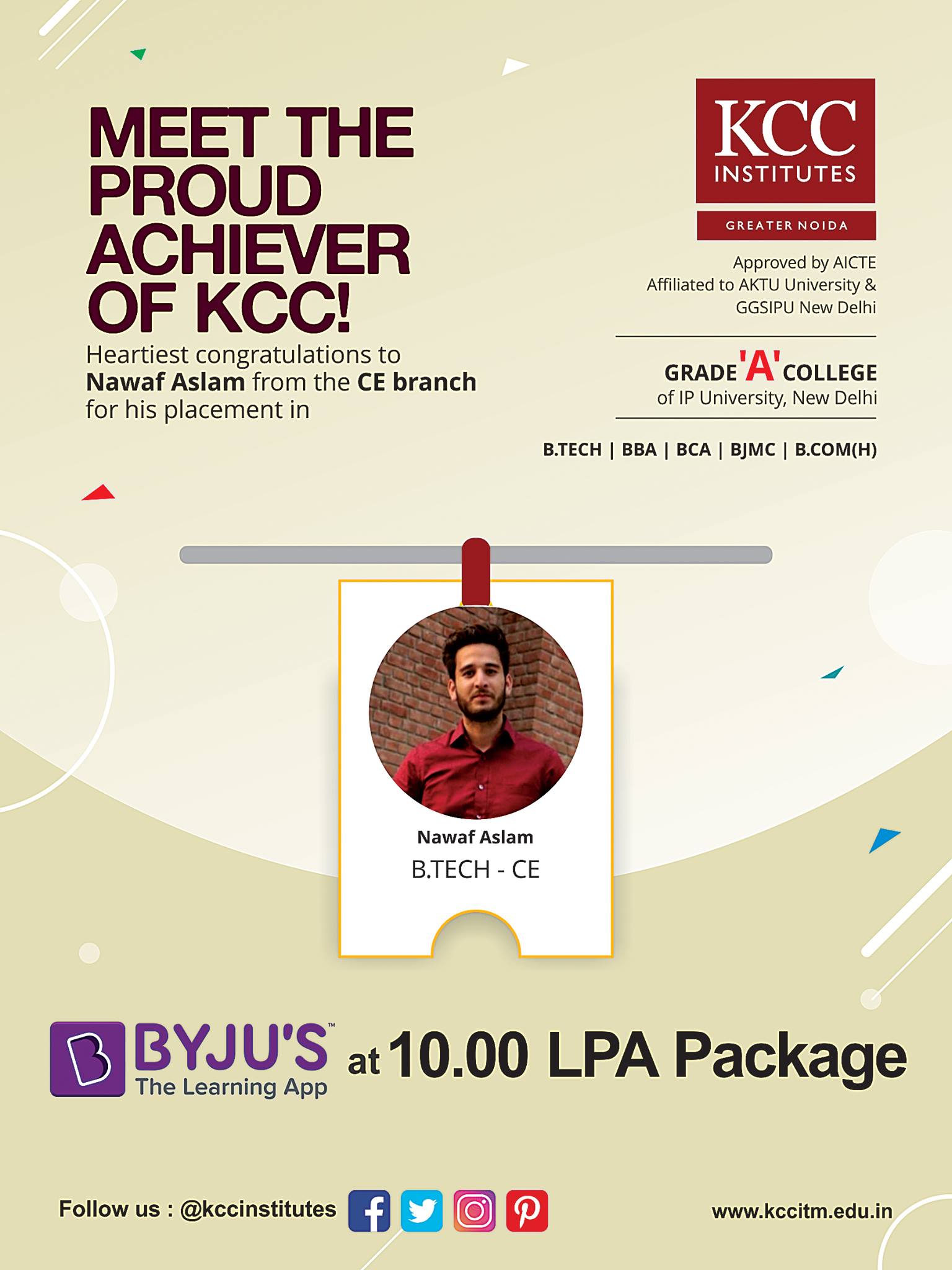 Nawaf Aslam (B.Tech CE Branch) placed in BYJU'S at the package of Rs. 10 LPA